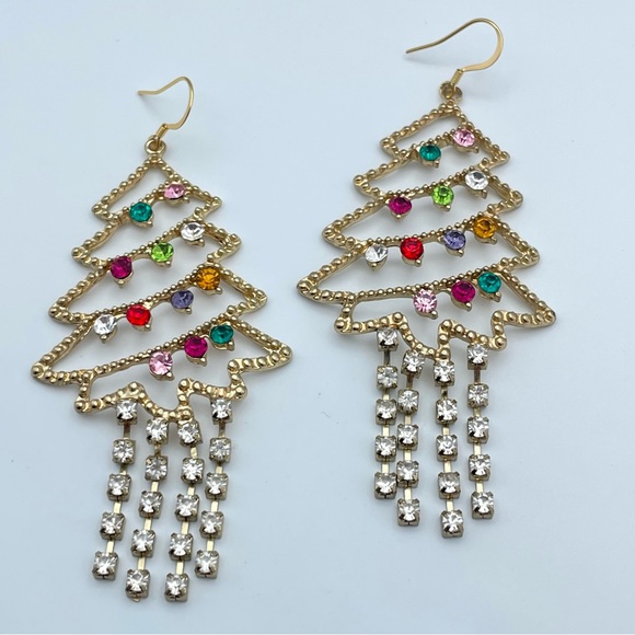 Gold Christmas Tree Chandelier Earrings – Multicolor Rhinestones, Statement - Picture 4 of 8